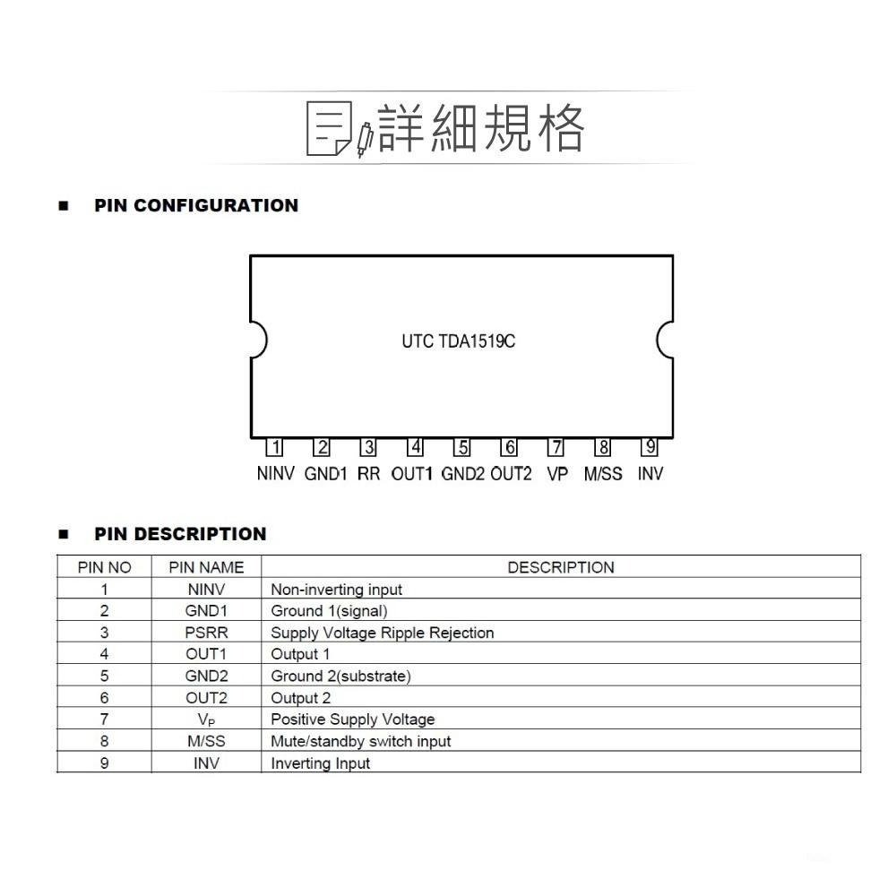 聯騰．UTC TDA1519CL 22W BTL OR 2×11W STEREO HSIP-9B-細節圖3