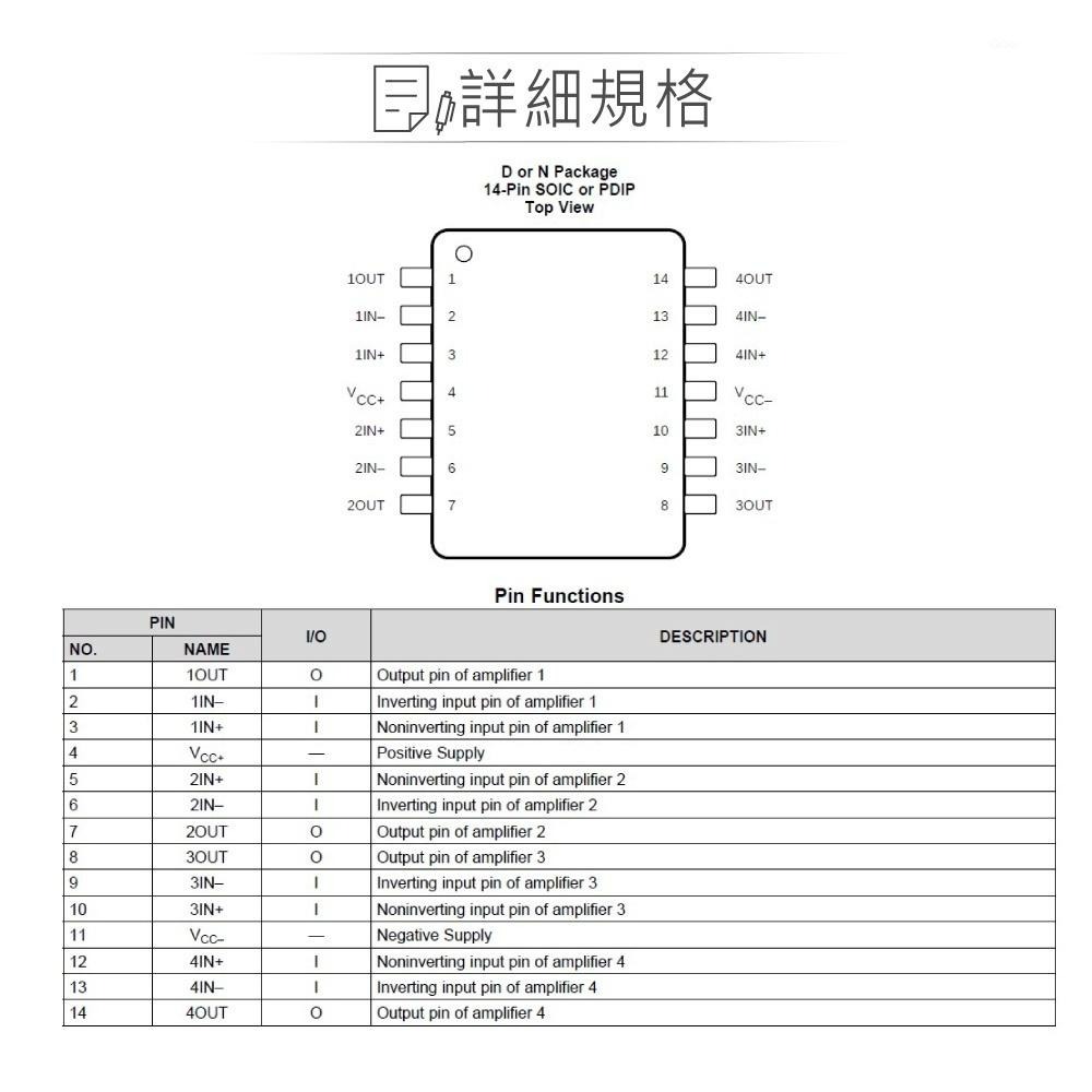 聯騰．TEXAS LF347N PDPD14 TI Quad, 36-V, 4-MHz, high slew-細節圖4