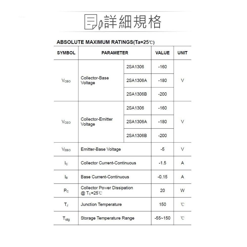 『聯騰．堃喬』2SA1306 PNP雙極性 電晶體 -160V/-1.5A/20W TO-220FA互補2SC3298-細節圖2