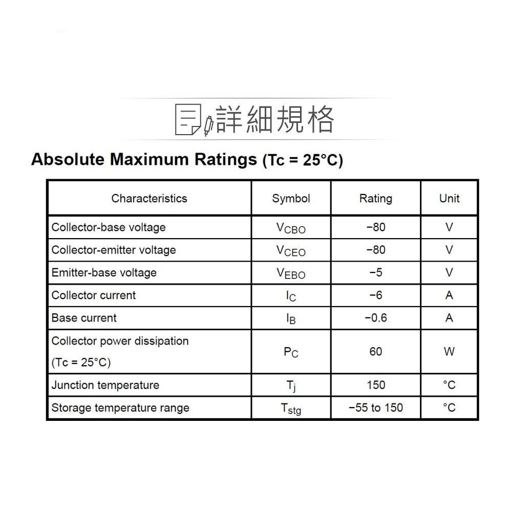 聯騰．2SA1939 PNP電晶體｜TO-3P(N)｜-80V/-6A/60W 功率放大元件-細節圖2