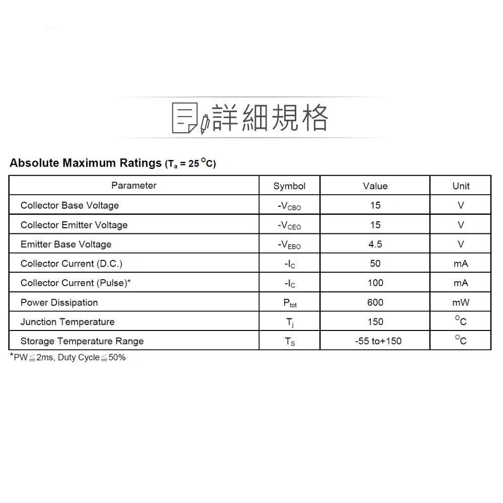 『聯騰．堃喬』2SA1206 PNP 雙極性 電晶體 -15V/-50mA/600mW TO-92-細節圖2