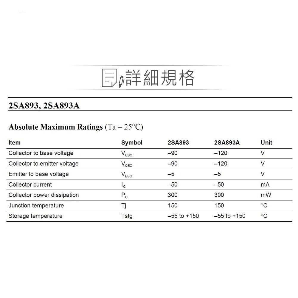 聯騰．2SA893 PNP雙極性電晶體｜-90V/-50mA/300mW｜TO-92封裝小功率放大元件-細節圖2