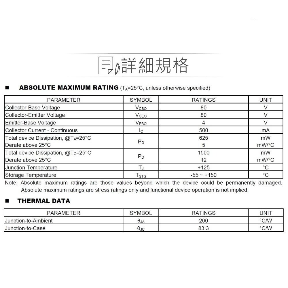 聯騰．MPSA06 NPN 雙極性 電晶體  80V/500mA/625mW  TO-92-細節圖2