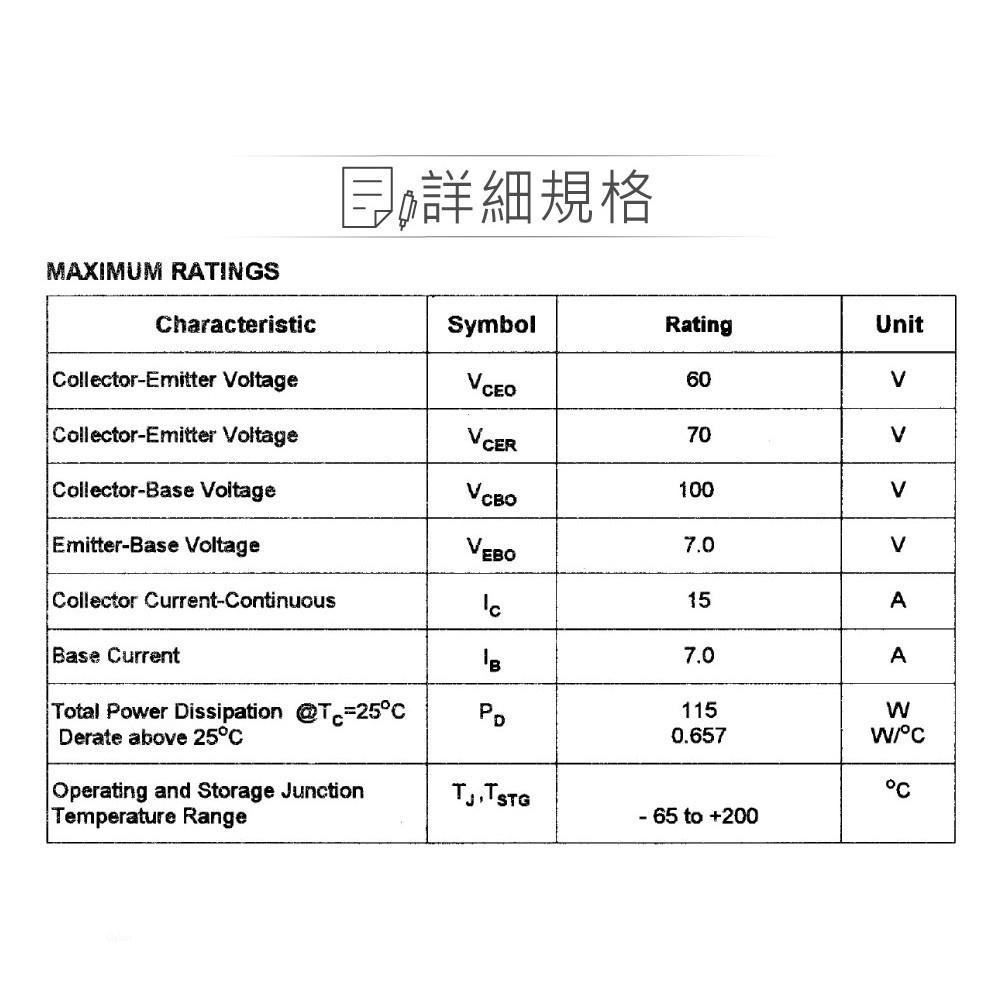 聯騰．MJ3055 2N3055 NPN 雙極性 電晶體  60V/15A/115W TO-3-細節圖2