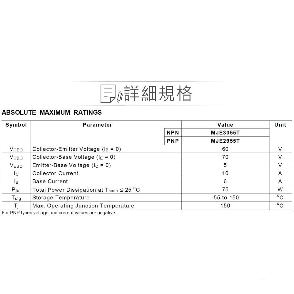 『聯騰．堃喬』MJE3055 2N3055 NPN 雙極性 電晶體  60V/10A/75W TO-220-細節圖2