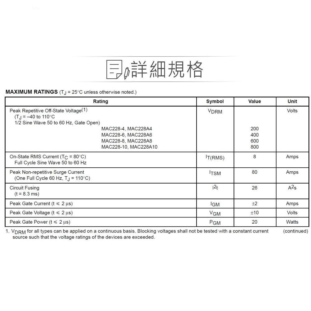 聯騰．MAC228A8 TRIAC｜600V/8A｜TO-220AB封裝｜交流負載控制-細節圖2