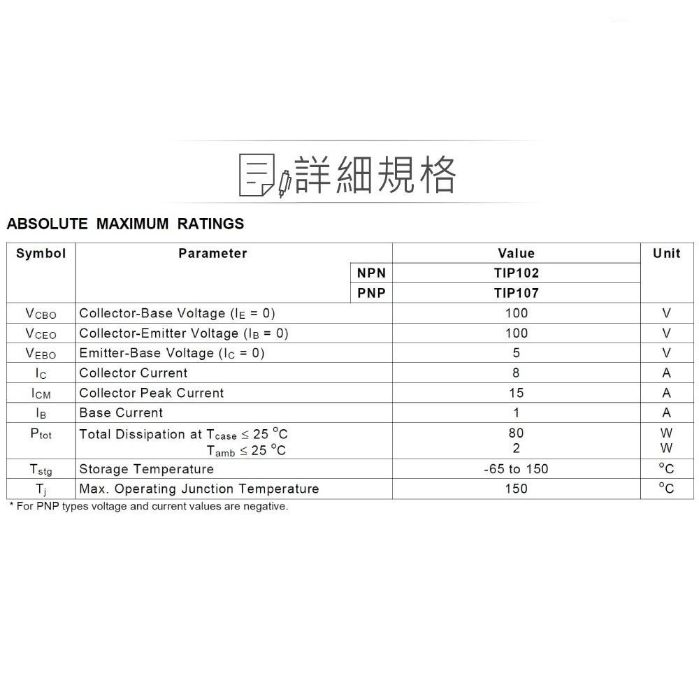 『聯騰．堃喬』達靈頓 電晶體 TIP107 PNP -100V/-100V/-5V/-8A TO-220-細節圖2