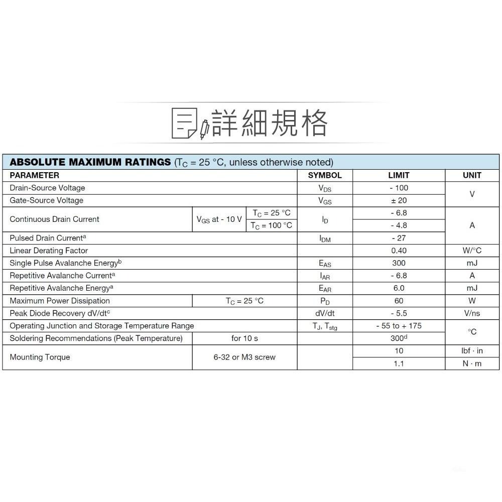 『聯騰．堃喬』IRF9520PBF Power MOSFET 場效 電晶體 -100V/-6.8A/60W-細節圖2