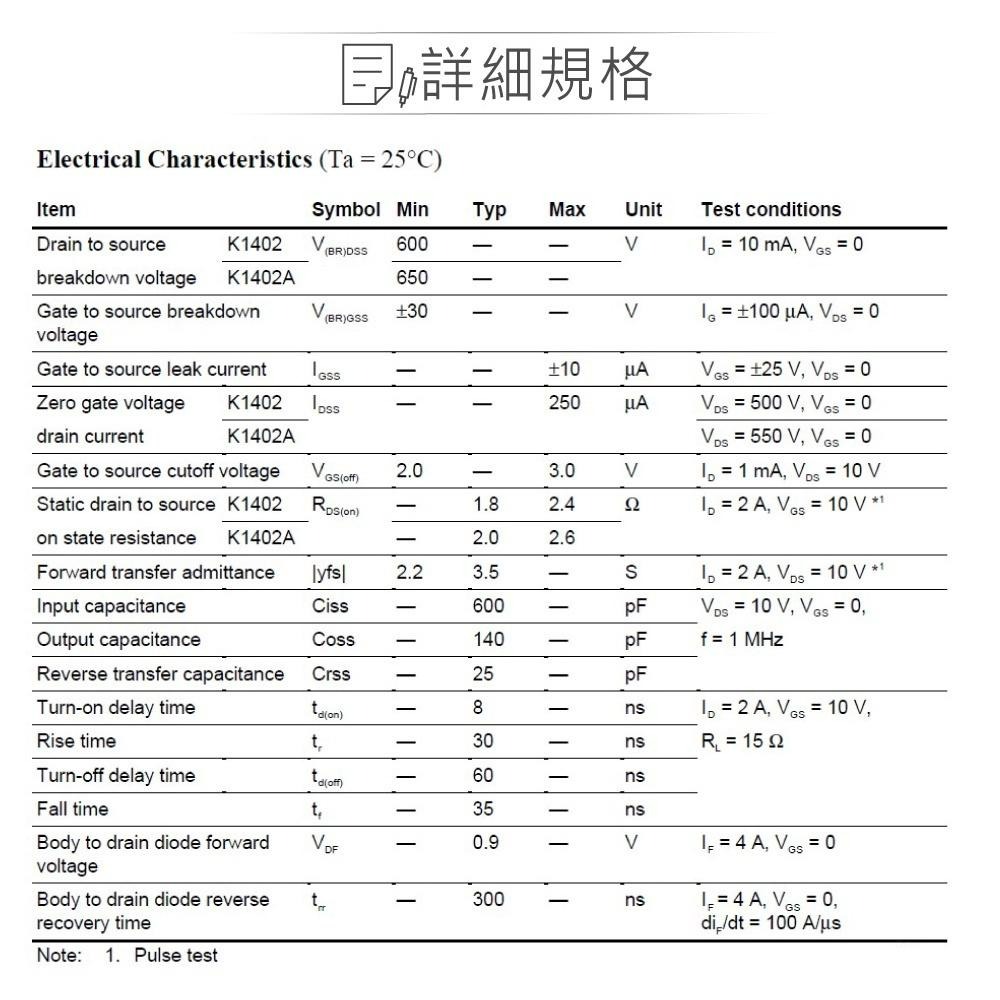 聯騰．2SK1402 HEXFET Power MOSFET 場效 電晶體 600V/4A/50W-細節圖3