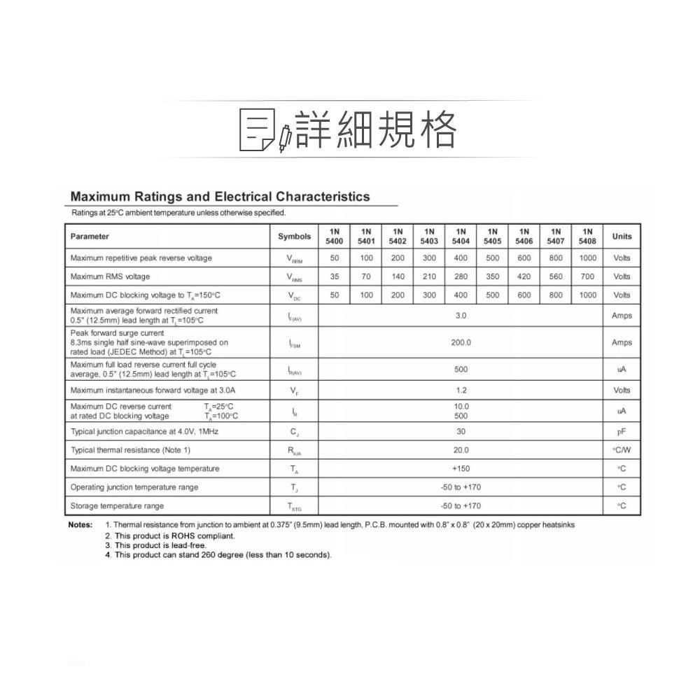 『聯騰．堃喬』整流 二極體 1N5400~8  DO-201AD 5入裝 最大正向平均電流 3A-細節圖3