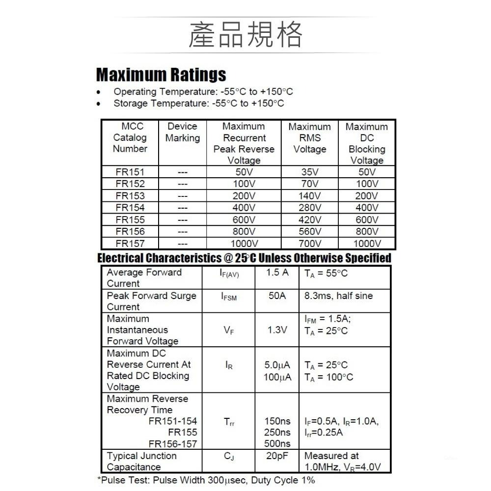 『聯騰．堃喬』高速 整流 二極體 FR154 快速 最大逆向峰值電壓400V 最大正向平均電流1.5A DO-15-細節圖2