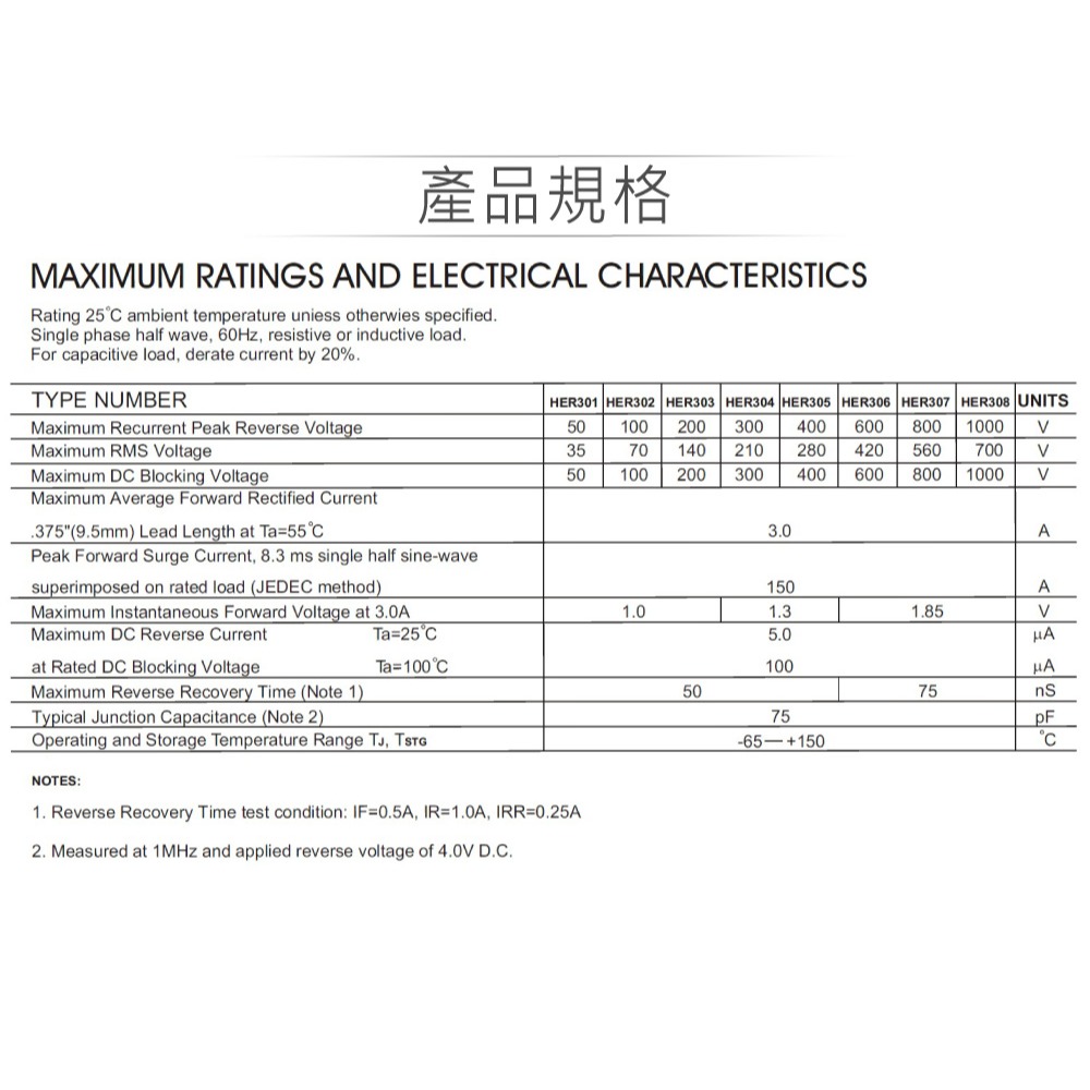 聯騰．HER303 HER306 HER308 高速整流二極體 3A DO-27 快速恢復型 2入組-細節圖2