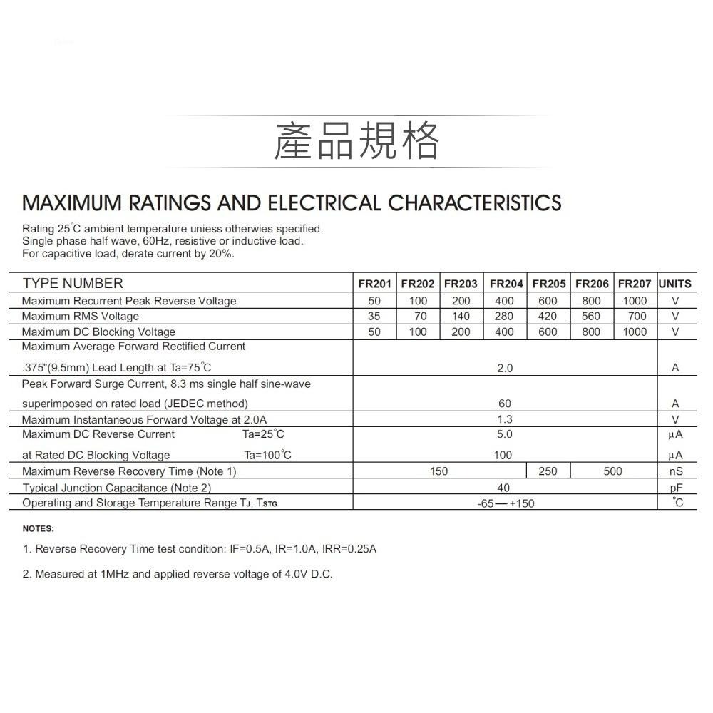 『聯騰．堃喬』高速 整流 二極體 FR204 快速 10入 最大逆向峰值電壓400V 最大正向平均電流2A DO-15-細節圖2