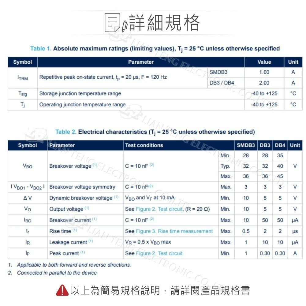聯騰．DB3 DIAC 閘道二極體 ST｜28-32V/500mA DO-35｜低電流觸發 調光器/功率控制｜10入組-細節圖3