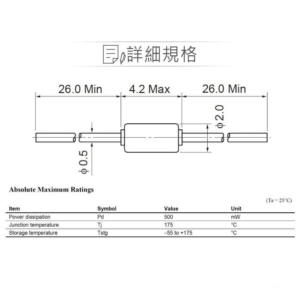 聯騰．1/2W 稽納 二極體 穩壓 二極體、電壓調節二極體 、Zener 10入裝 DO-35 2.1V~75V-細節圖2