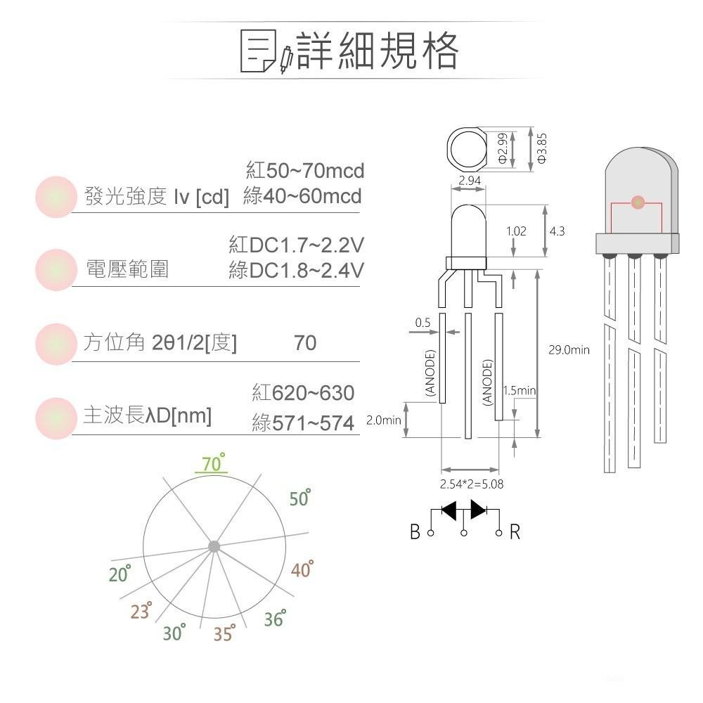 聯騰．LED 3mm 雙色燈珠 共陽｜紅+綠光｜70°直視角 霧白膠面700mcd．5入-細節圖2