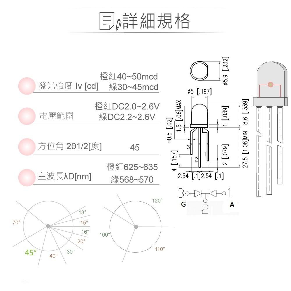 『聯騰．堃喬』LED 5mm 橙紅光+綠光 共陰極 45°直視角 白霧膠面 發光二極體-細節圖2