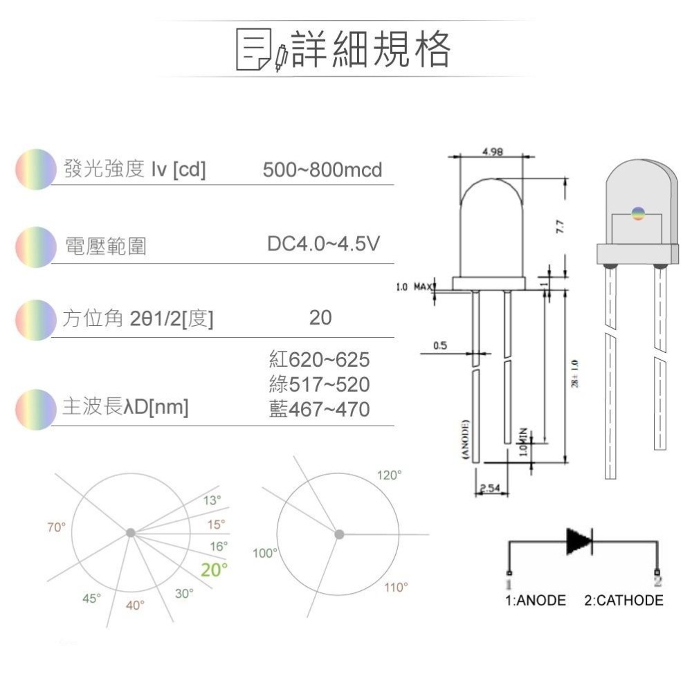 聯騰．LED 5mm全彩燈珠｜快閃+慢閃｜20°直視角｜800mcd亮度透明膠面5入裝-細節圖2
