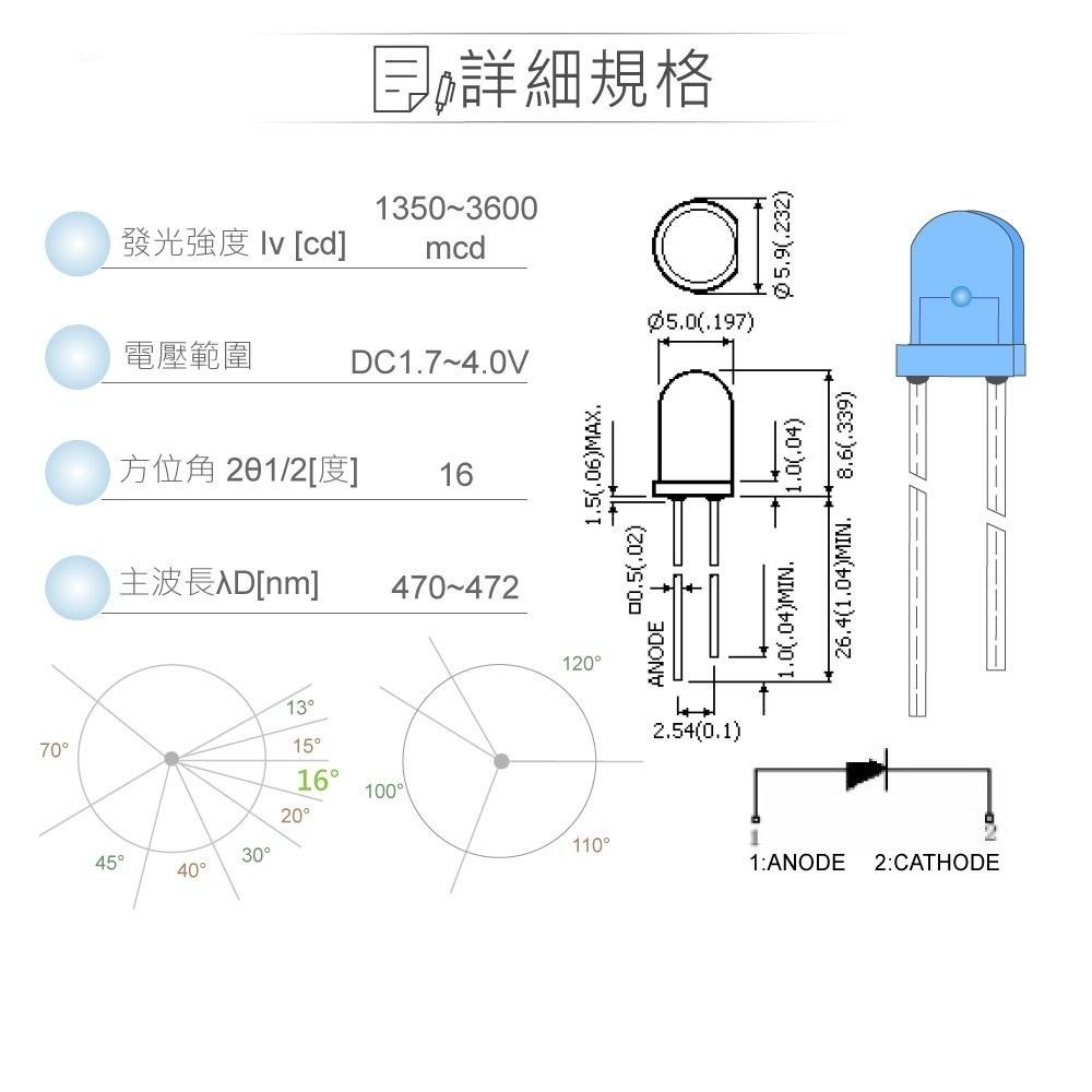聯騰．LED 5mm藍光燈珠｜聚光型｜16°直視角｜1350mcd透明膠面單入裝-細節圖2