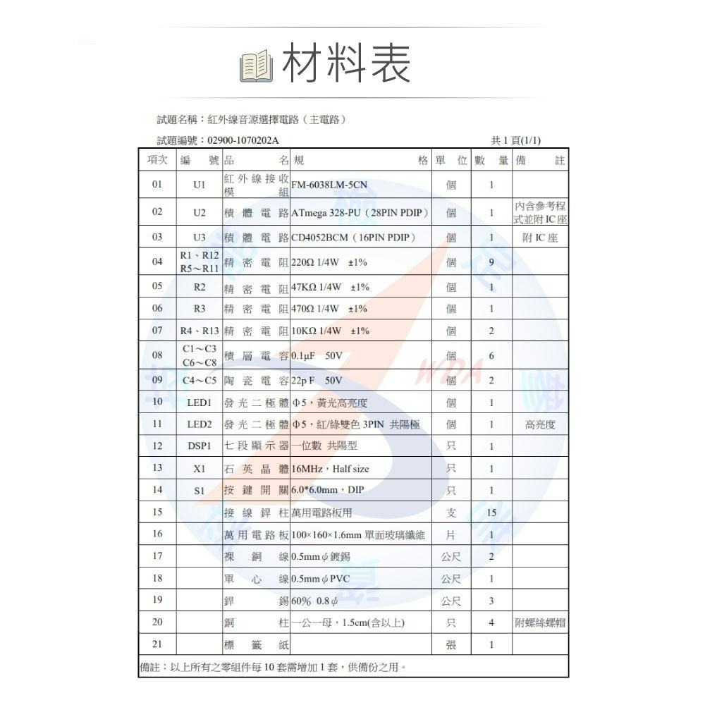 聯騰．視聽電子乙級技能檢定 數位紅外線音源選擇電路材料包 02900-1070202A-細節圖6