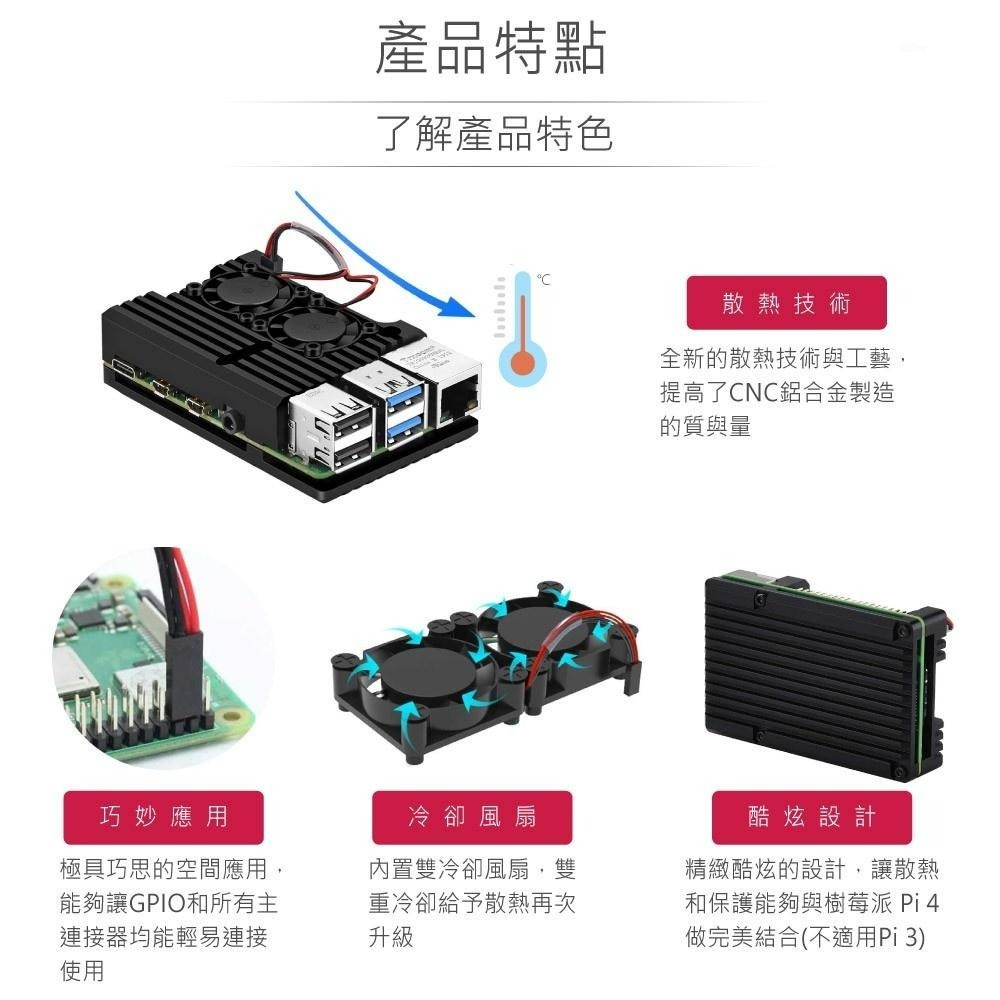 聯騰．樹莓派 Raspberry Pi 4 鋁合金外殼＋雙風扇｜高效散熱｜金屬機殼 Pi4專用-細節圖2