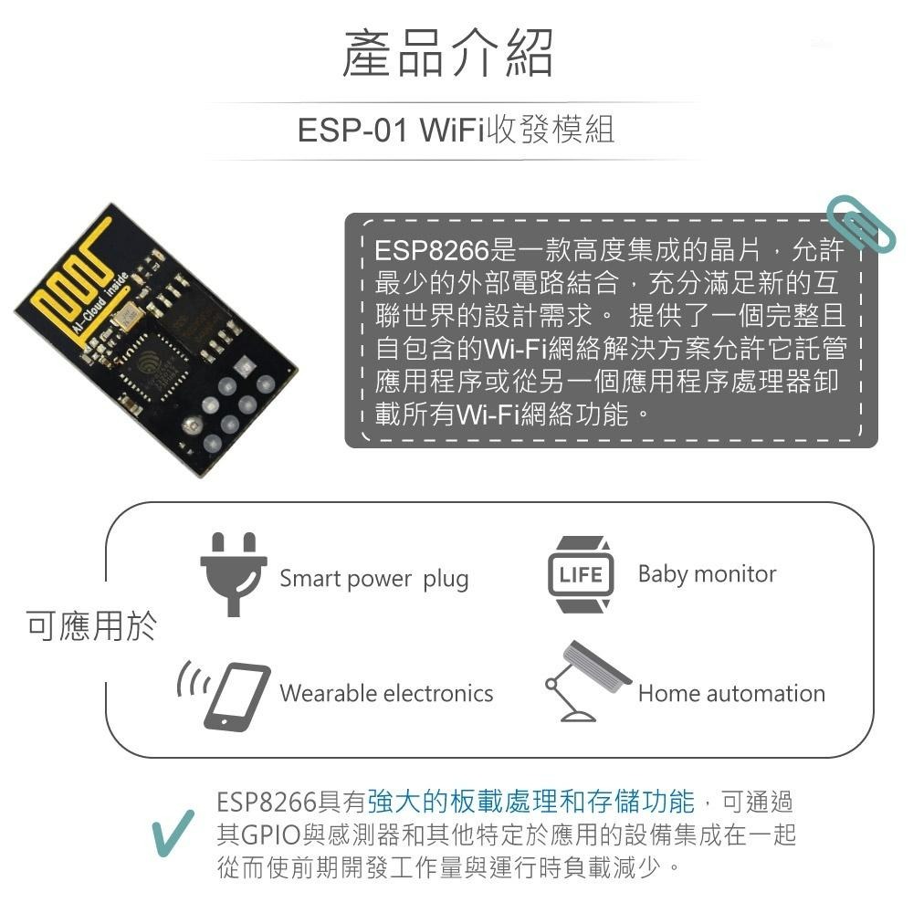 『聯騰．堃喬』ESP-01 ESP8266EX WiFi收發模組 適用Arduino、micro:bit、樹莓派等開發板-細節圖2