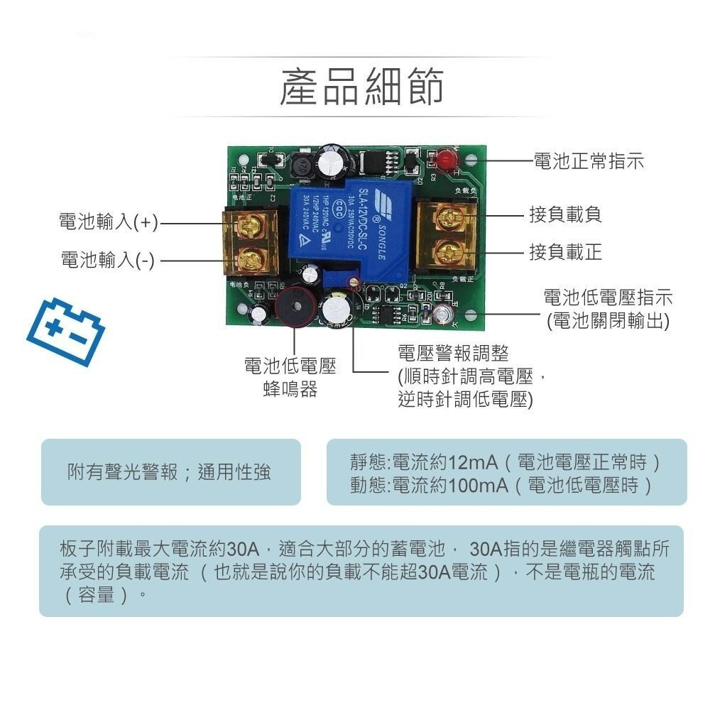聯騰．DC12V蓄電池低電壓警報器｜斷電保護板｜露營車/夜市攤專用-細節圖3