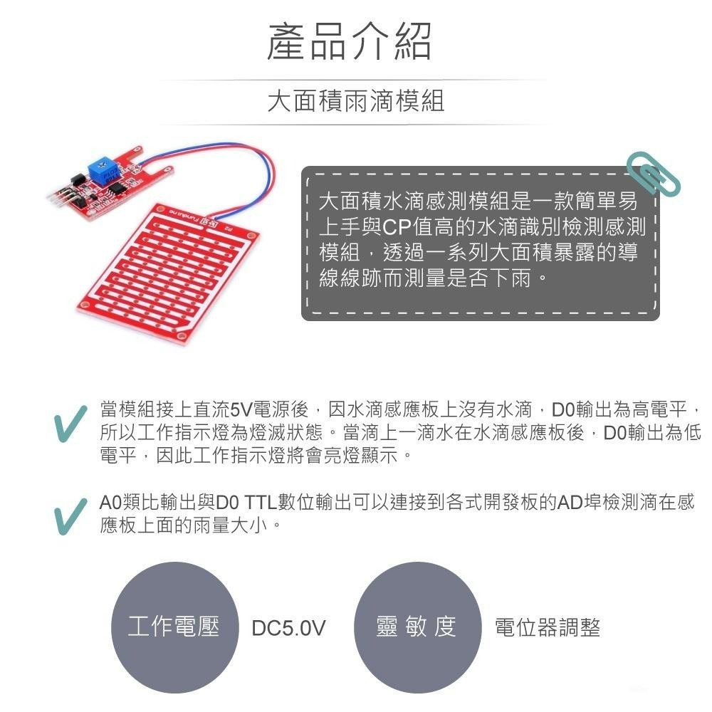 聯騰．雨滴感測模組｜大面積偵測｜支援Arduino/micro:bit｜STEM互動教具-細節圖2