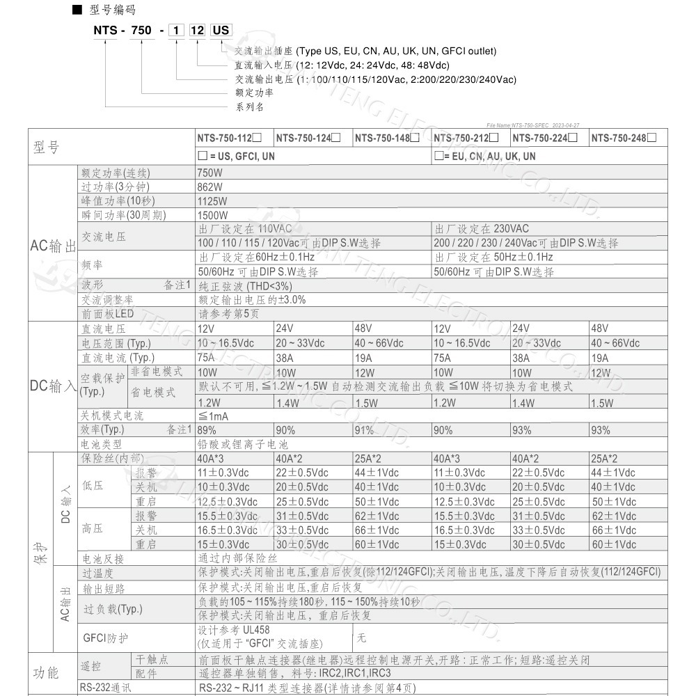 聯騰．MW明緯 NTS-750 12V 24V 48V轉220V 中國 歐洲插座 全球通用 750W 正弦波-細節圖5