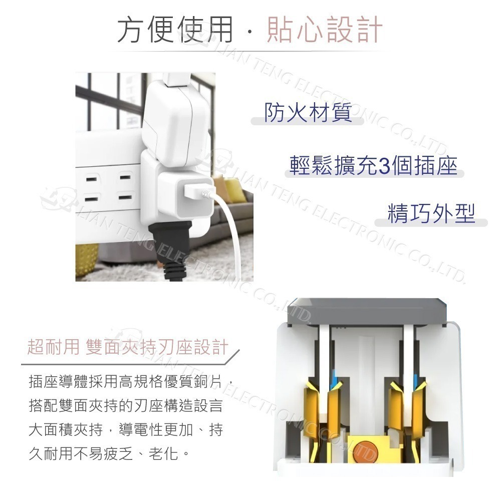 聯騰．成電牌 三面插座分接器 CT-0036｜D型設計｜MIT台灣製｜防火PC｜1650W支援-細節圖3