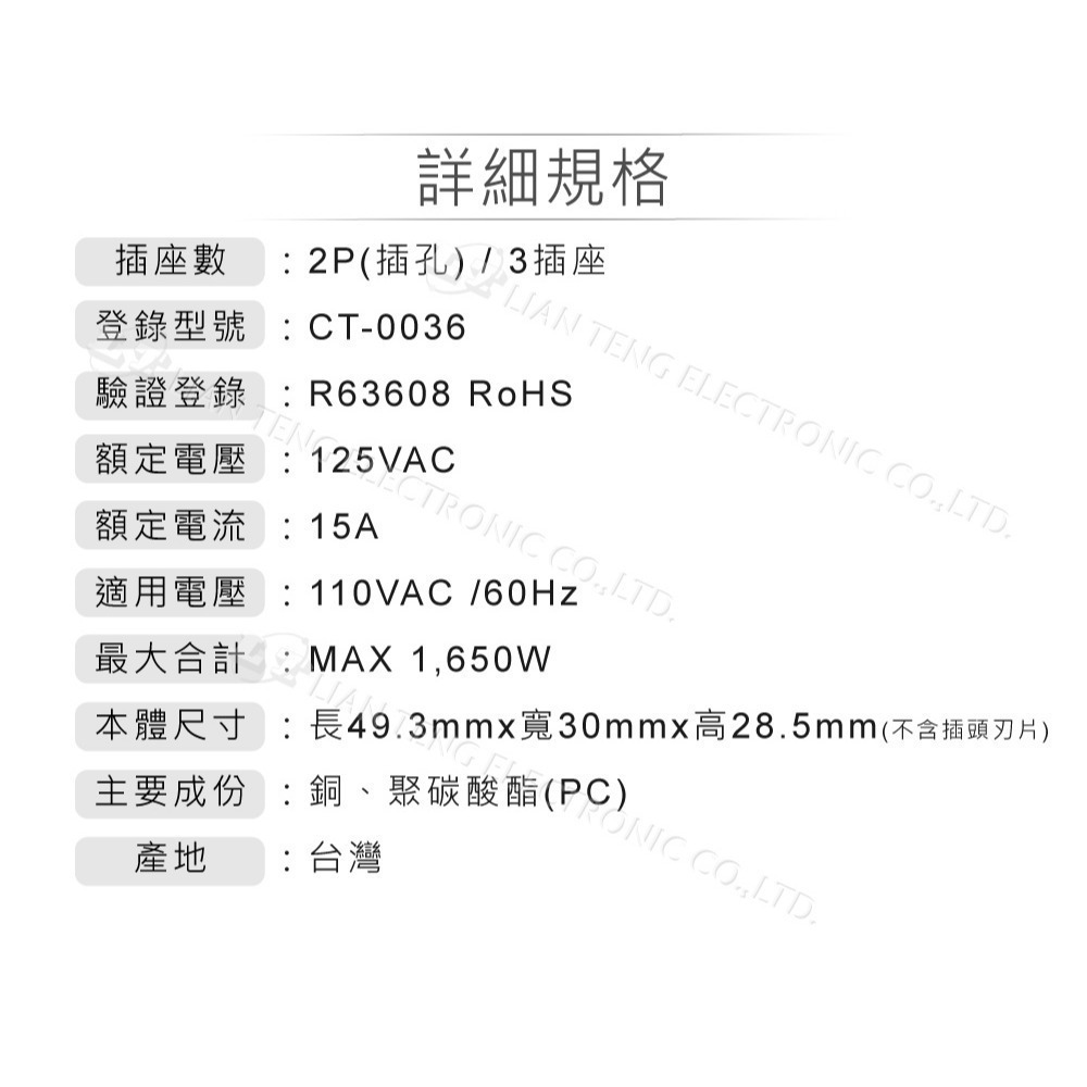 聯騰．成電牌 三面插座分接器 CT-0036｜D型設計｜MIT台灣製｜防火PC｜1650W支援-細節圖6