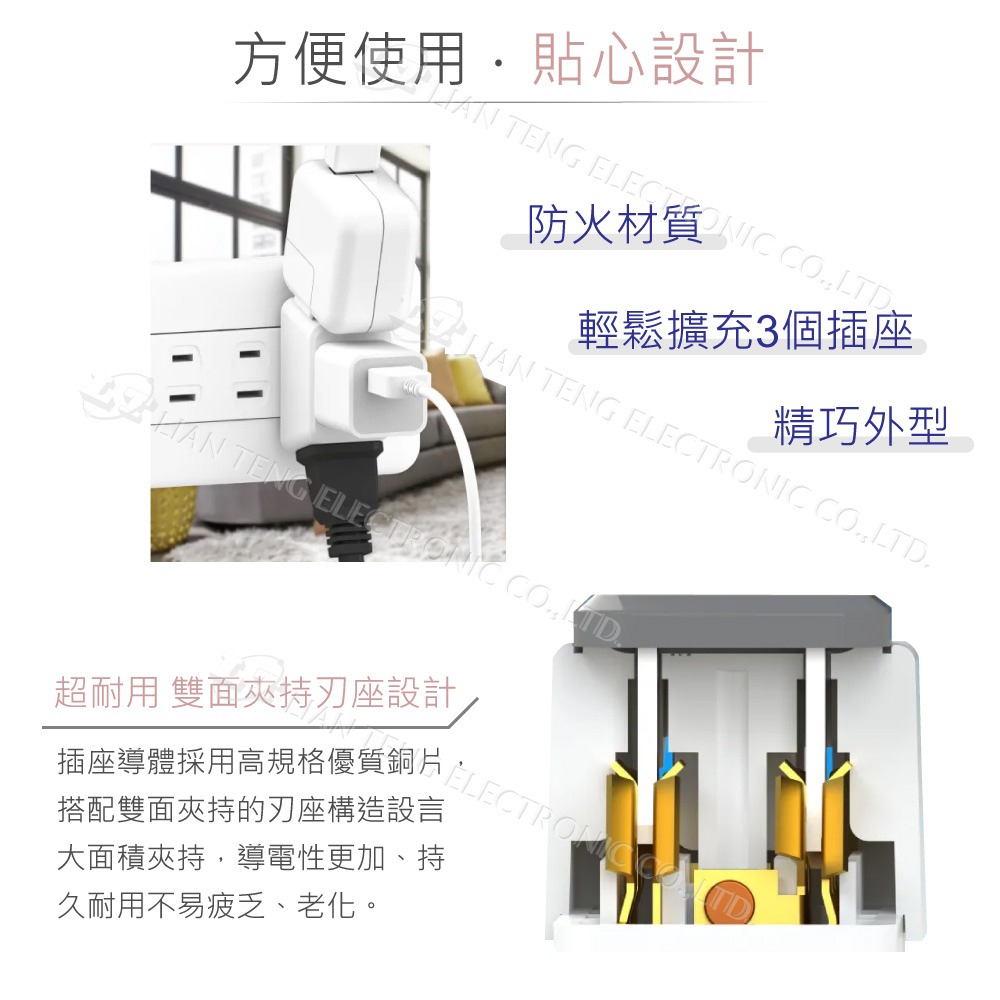 『聯騰．堃喬』iPlus+ 保護傘 D型三面插 15A CT-0036 AC110V 1650W 白-細節圖3