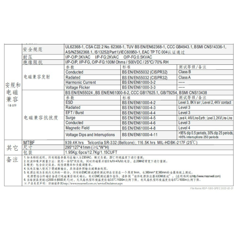 聯騰．MW 明緯 RSP-1000系列｜1000W 單組輸出・機殼型・主動式PFC・全電壓輸入・工業電源-細節圖4