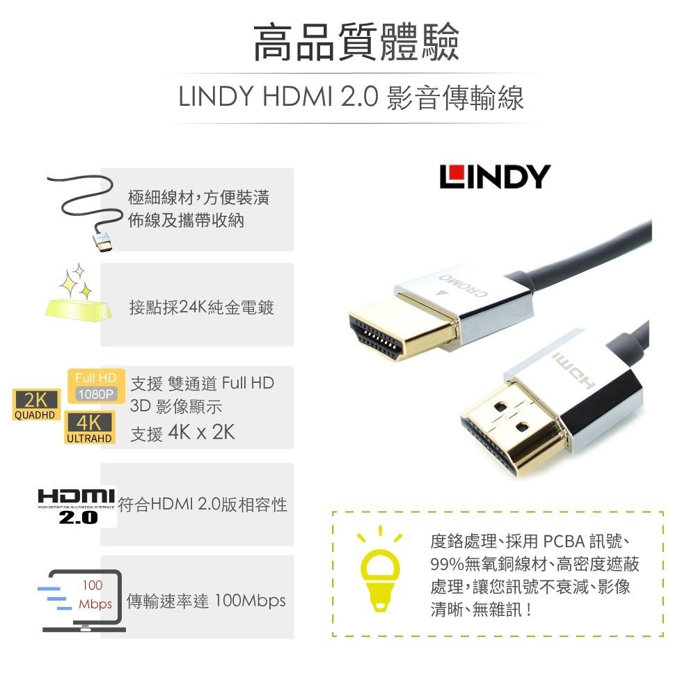 『聯騰．堃喬』LINDY林帝 鉻系列 極細型 A公 對 D公 HDMI 2.0 連接線 2M 41682-細節圖2