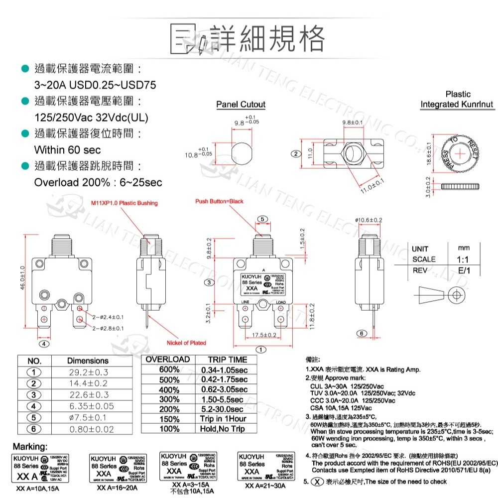 聯騰．小型無熔絲開關｜3A電流保護・面板安裝型・過載斷路器・技能檢定／電控模組專用-細節圖2