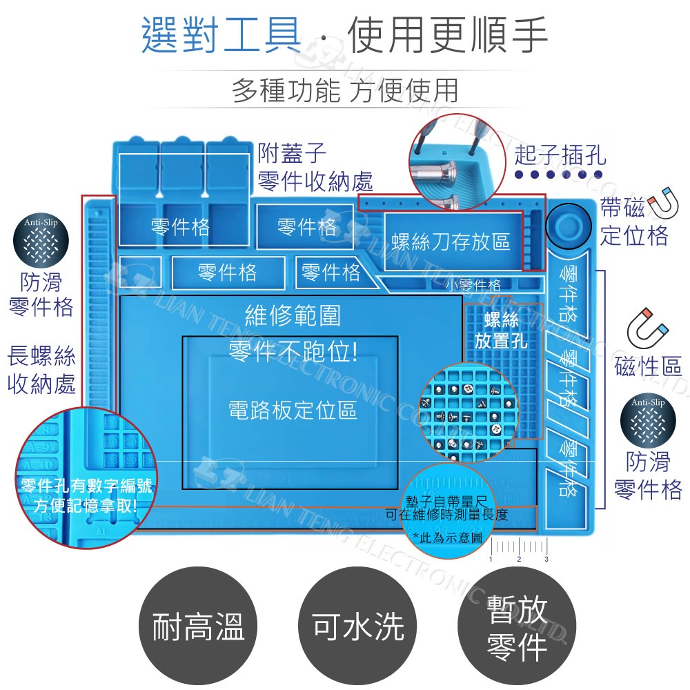 『聯騰．堃喬』45x30cm 450x300mm 電子 工作墊 帶磁力 零件蓋 維修用 耐熱 桌墊 矽膠 工作台 焊接-細節圖3