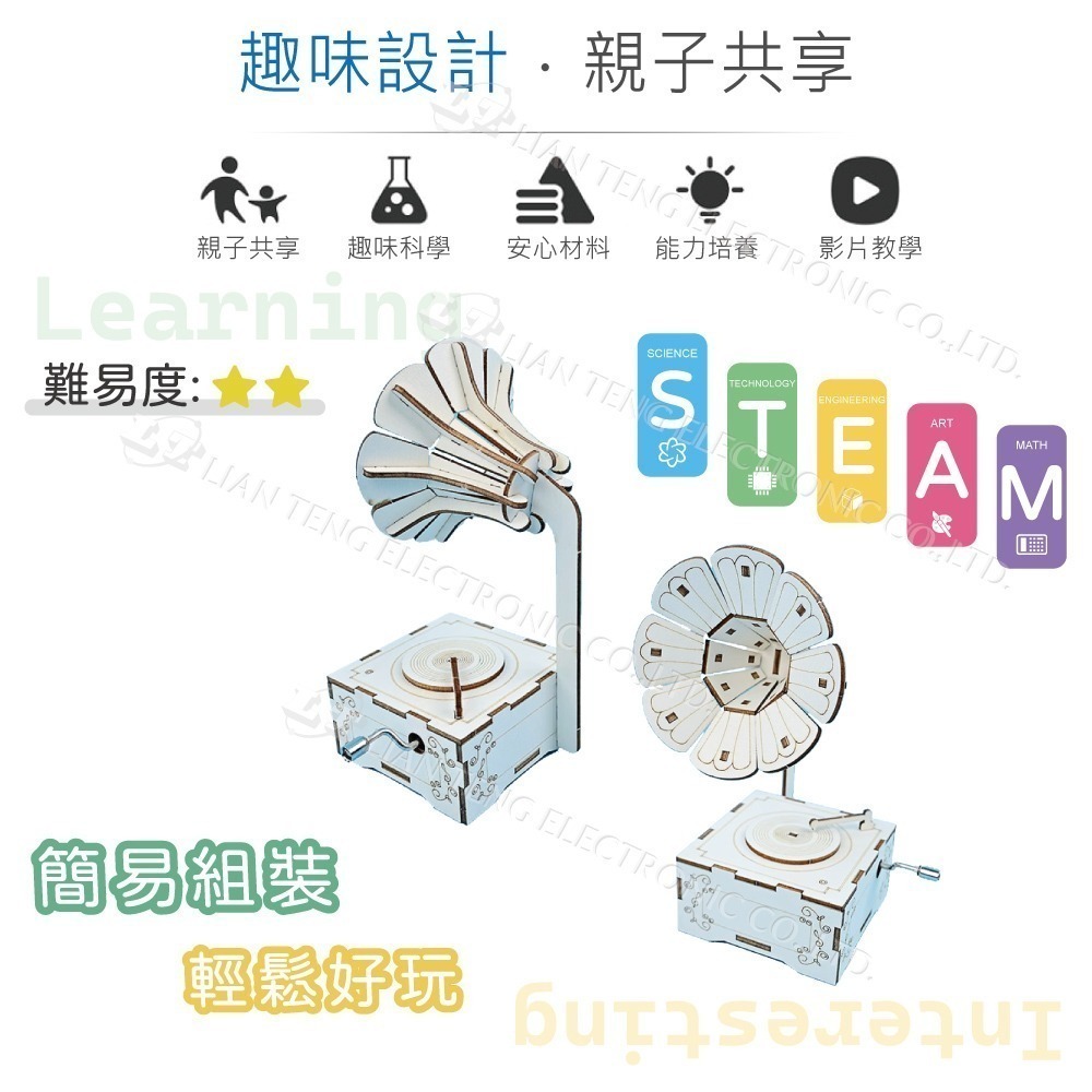 聯騰．DIY 八音盒音樂盒 留聲機 手搖版 3D立體拼圖模型材料包 (附彩色繁體說明書)-細節圖3