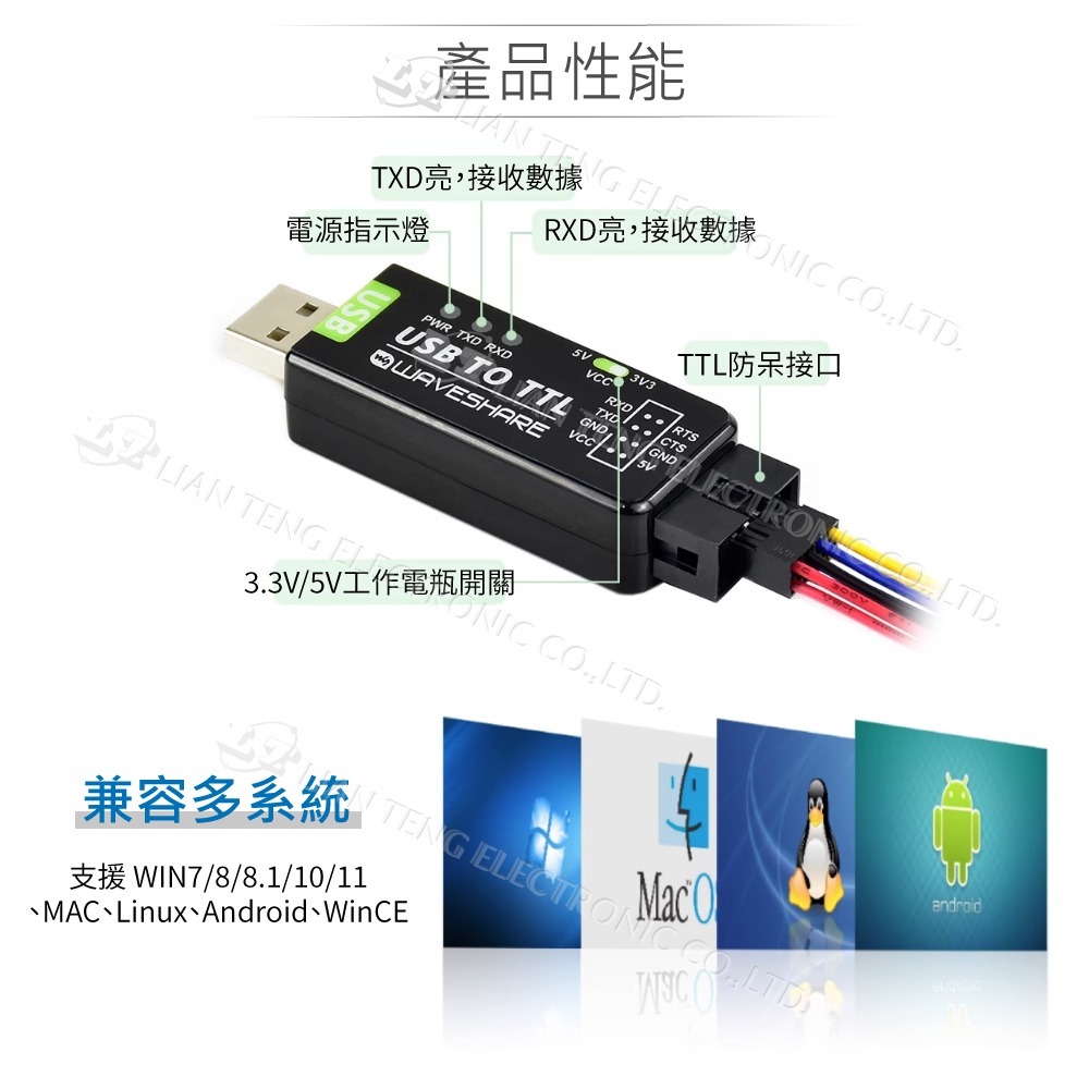 聯騰．微雪 USB轉TTL／FT232RL 8PIN 工業級傳輸線｜嵌入式燒錄／模組通訊推薦線材-細節圖3