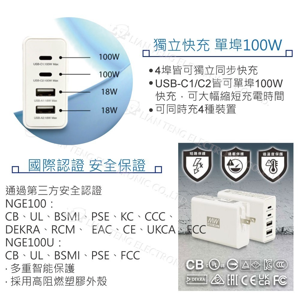 聯騰．MW明緯 NGE100 100W GaN快充器｜國際版 4孔USB｜附Type-C充電線｜多設備快充-細節圖3
