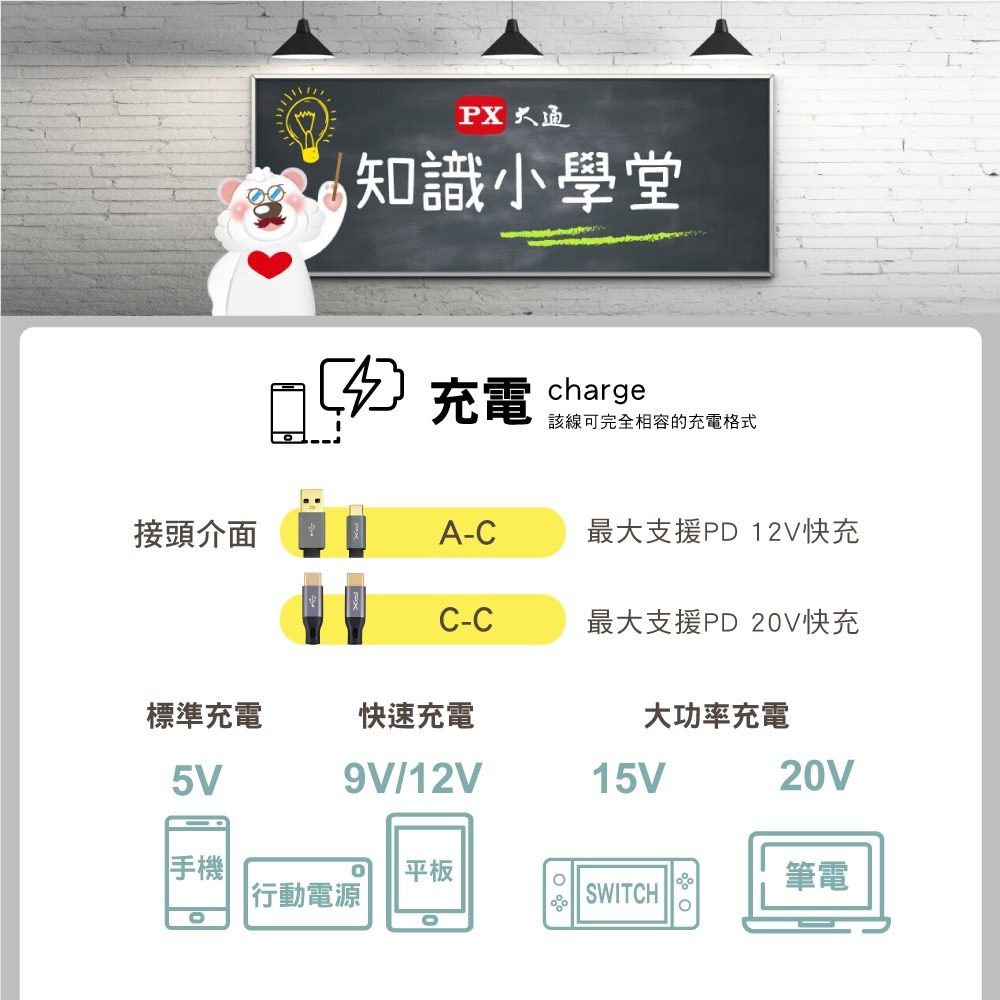 聯騰．PX大通 USB 2.0 C to C 充電傳輸線（黑色）1M／2M｜9V/12V 快充・鍍金接頭・高耐用設計-細節圖2