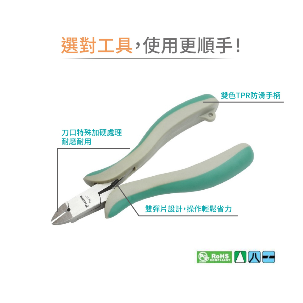 聯騰．Pro＇sKit PM-711 綠灰雙色薄刀斜口鉗｜精密剪鉗・彈簧設計・耐磨抗鏽・電子維修與 DIY 適用-細節圖2