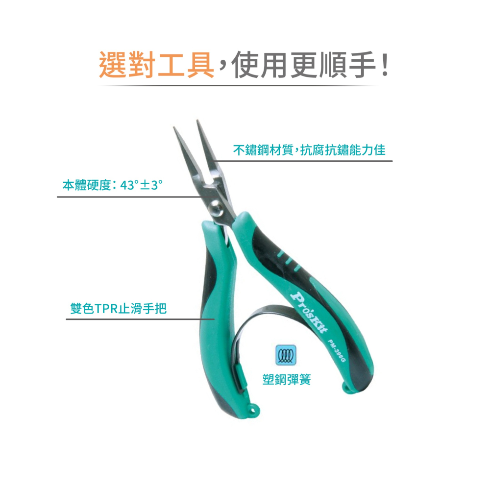 聯騰．Pro＇sKit PM-396G 不銹鋼無牙尖嘴鉗｜耐腐抗鏽・彈簧設計・防滑手柄・電子維修與 DIY 適用-細節圖2