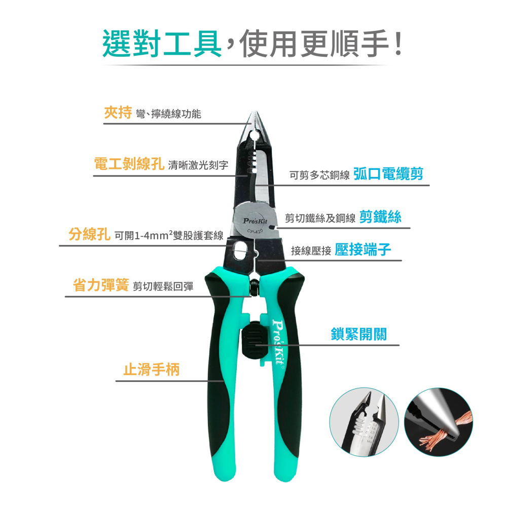 聯騰．Pro＇sKit CP-420 多功能電工鉗｜5 合 1 功能・高精度剝線・彈簧設計・防滑手柄-細節圖2