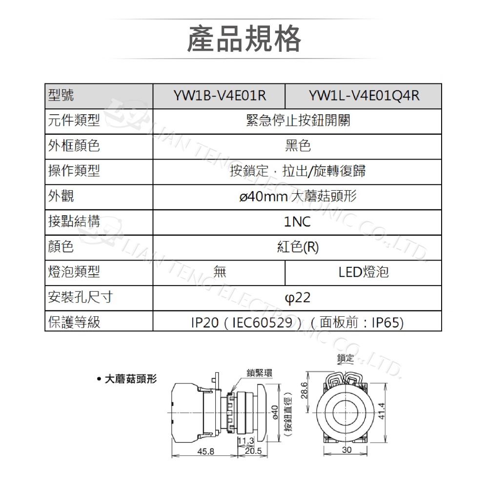 聯騰．IDEC 和泉 YW系列 緊急停止按鈕｜照光/非照光｜IP65 工業控制 防水防塵-細節圖2