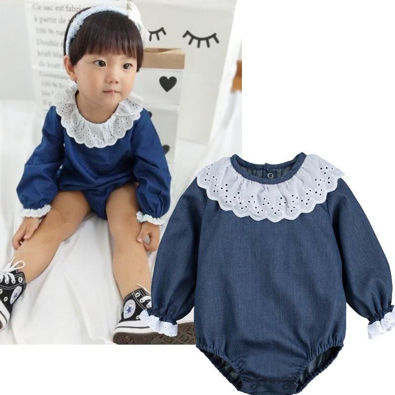 5折出清~台灣現貨 花邊後扣式牛仔包屁衣 長袖包屁衣 肩扣包屁衣EPK包屁衣6m/9m/12m/18m-細節圖4