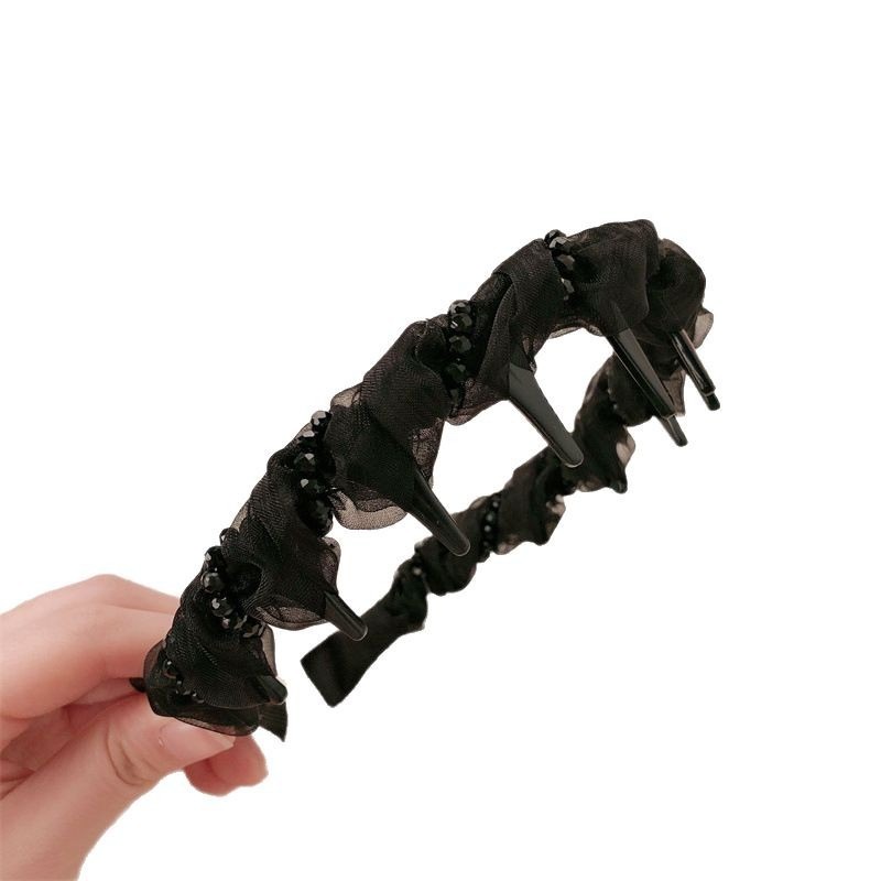 6#黑色-小珍珠網紗髮箍