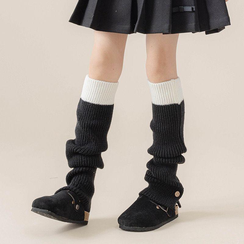 女童鈕扣拚色襪套 女童堆堆襪套 冬季針織襪套 咖啡色系襪套 保暖襪套-細節圖2
