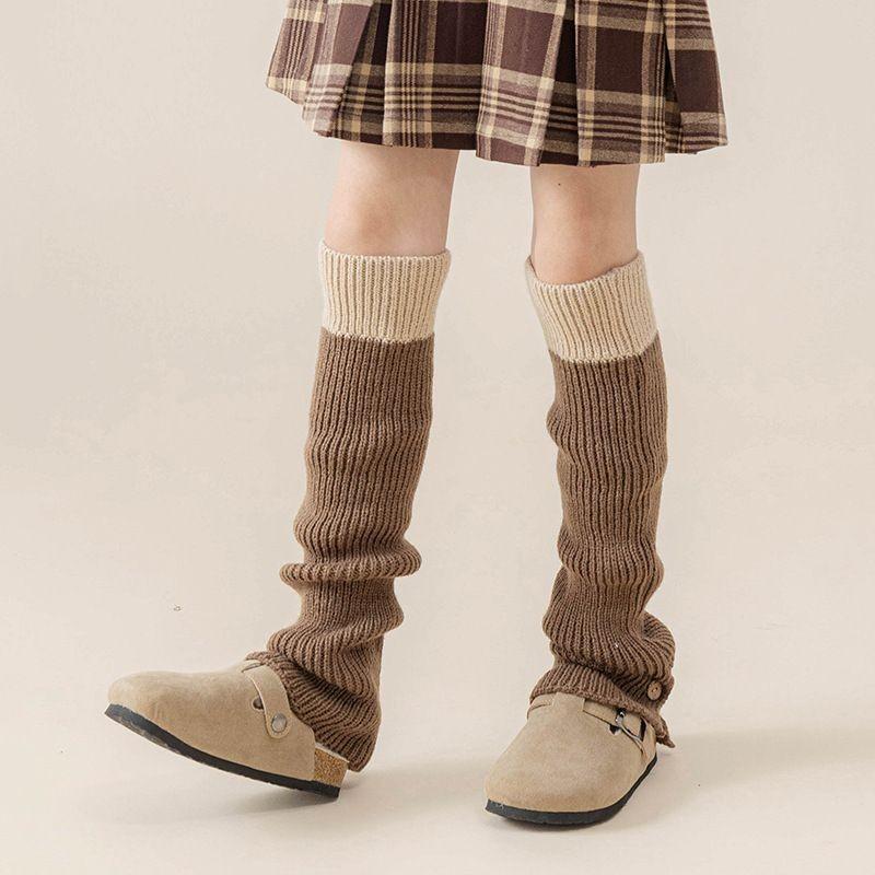 女童鈕扣拚色襪套 女童堆堆襪套 冬季針織襪套 咖啡色系襪套 保暖襪套-細節圖4