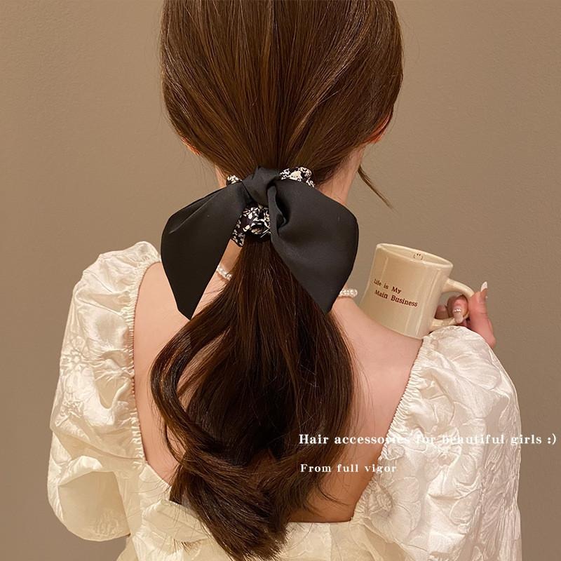 黑色碎花大腸髮圈 蝴蝶結大腸髮圈 氣質飄帶大腸髮圈-細節圖4