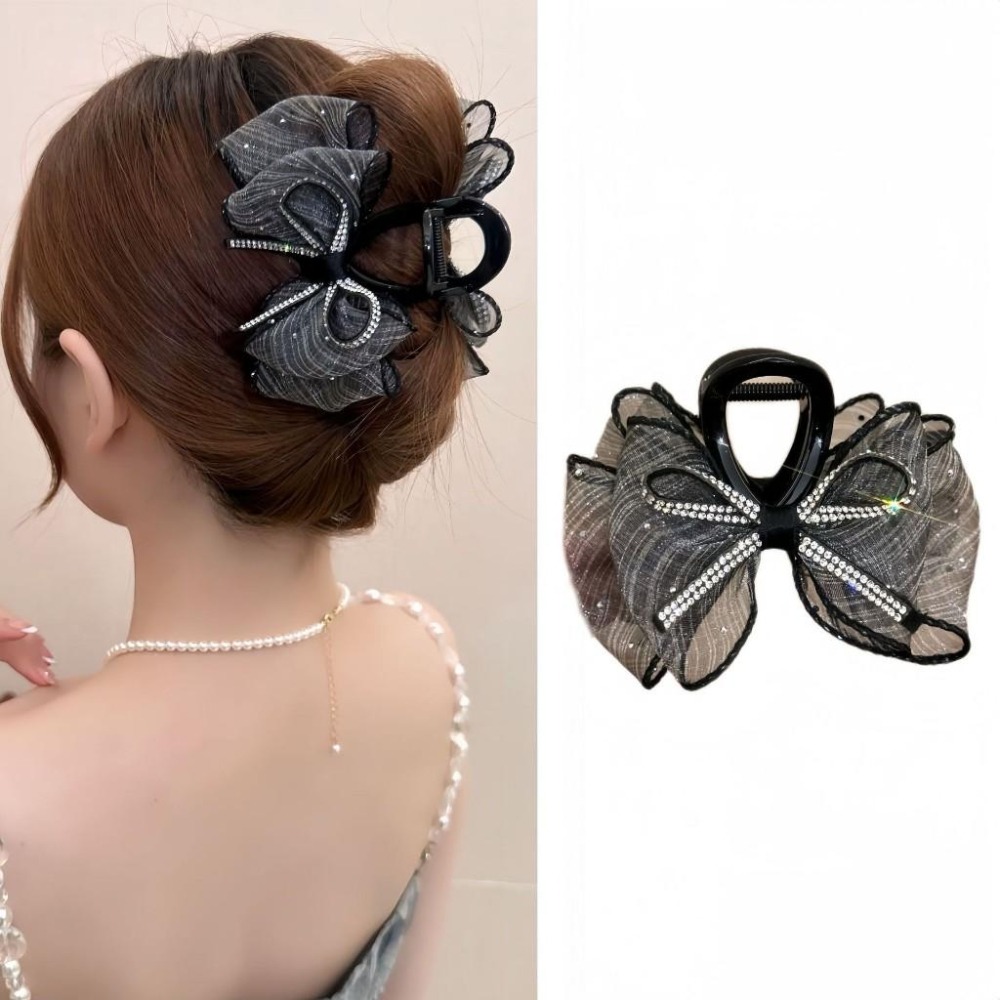 氣質閃亮蝴蝶結鯊魚夾 水鑽抓夾 網紗髮夾 腦後勺夾 FA073-細節圖4